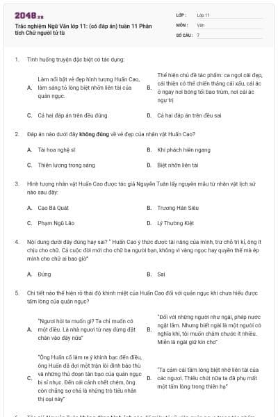Trắc nghiệm Ngữ Văn lớp 11: (có đáp án) tuần 11 Phân tích Chữ người tử tù