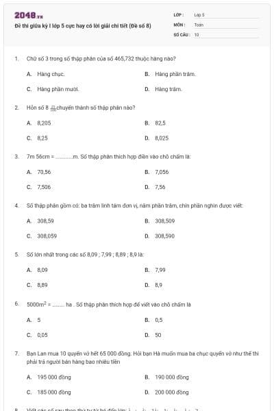 Đề thi giữa kỳ I lớp 5 cực hay có lời giải chi tiết (Đề số 8)