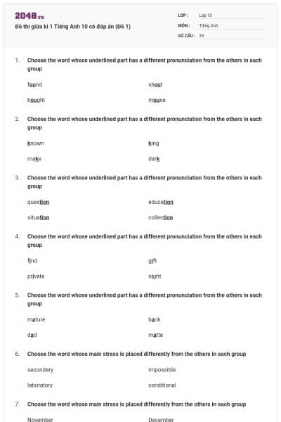 Đề thi giữa kì 1 Tiếng Anh 10 có đáp án (Đề 1)