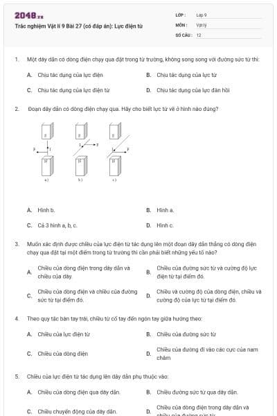 Trắc nghiệm Vật lí 9 Bài 27 (có đáp án): Lực điện từ