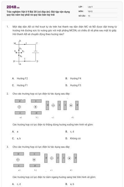 Trắc nghiệm Vật lí 9 Bài 30 (có đáp án): Bài tập vận dụng quy tắc nắm tay phải và quy tắc bàn tay trái