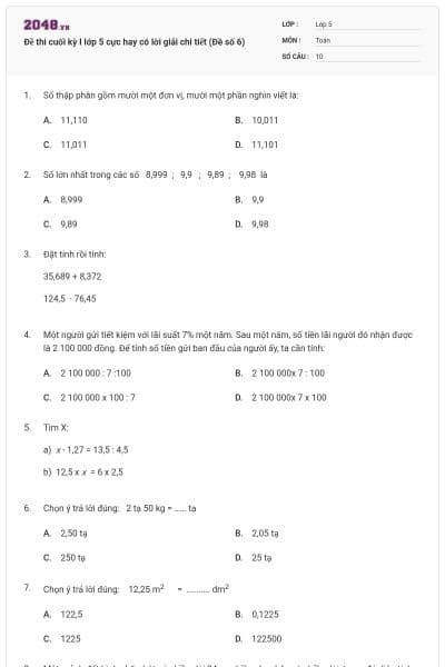 Đề thi cuối kỳ I lớp 5 cực hay có lời giải chi tiết (Đề số 6)