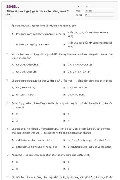Bài tập về phản ứng cộng của hidrocacbon không no có lời giải