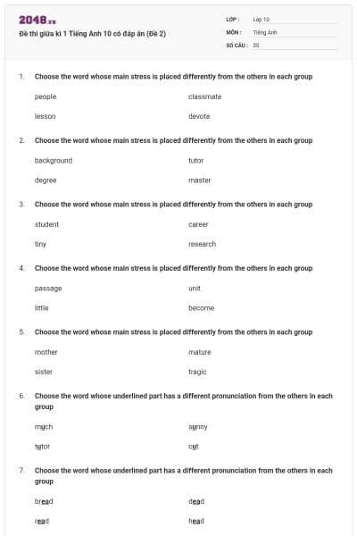 Đề thi giữa kì 1 Tiếng Anh 10 có đáp án (Đề 2)