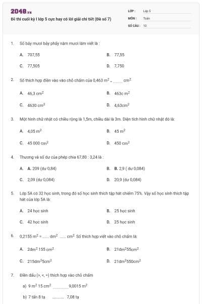 Đề thi cuối kỳ I lớp 5 cực hay có lời giải chi tiết (Đề số 7)