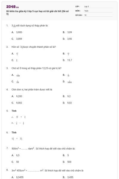 Đề kiểm tra giữa kỳ I lớp 5 cực hay có lời giải chi tiết (Đề số 9)