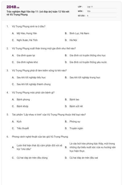 Trắc nghiệm Ngữ Văn lớp 11: (có đáp án) tuần 12 Vài nét về Vũ Trọng Phụng