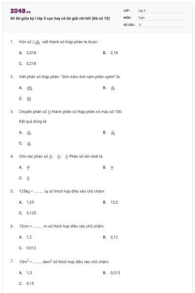 Đề thi giữa kỳ I lớp 5 cực hay có lời giải chi tiết (Đề số 10)