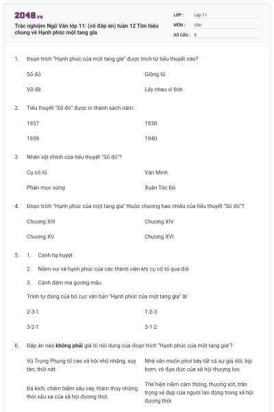 Trắc nghiệm Ngữ Văn lớp 11: (có đáp án) tuần 12 Tìm hiểu chung về Hạnh phúc một tang gia