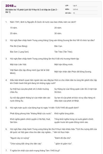 Đề kiểm tra 15 phút Lịch Sử 9 Học kì 2 có đáp án (Lần 2 - Đề 1)