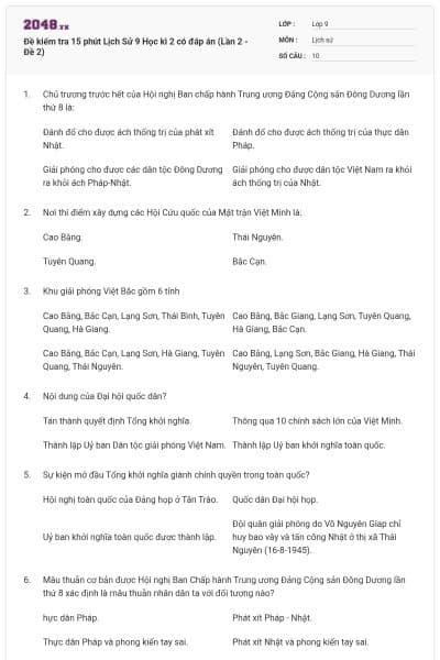 Đề kiểm tra 15 phút Lịch Sử 9 Học kì 2 có đáp án (Lần 2 - Đề 2)
