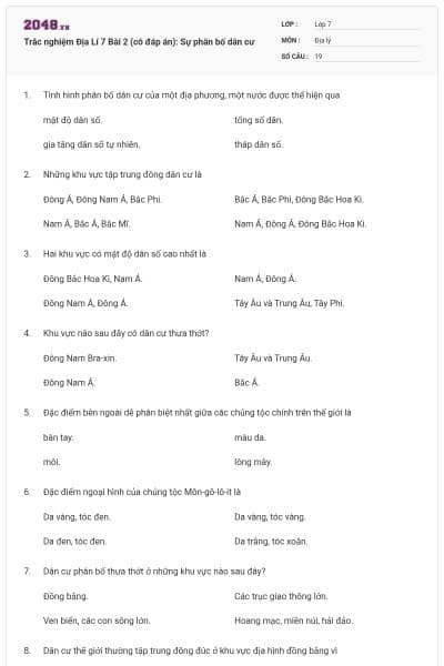 Trắc nghiệm Địa Lí 7 Bài 2 (có đáp án): Sự phân bố dân cư