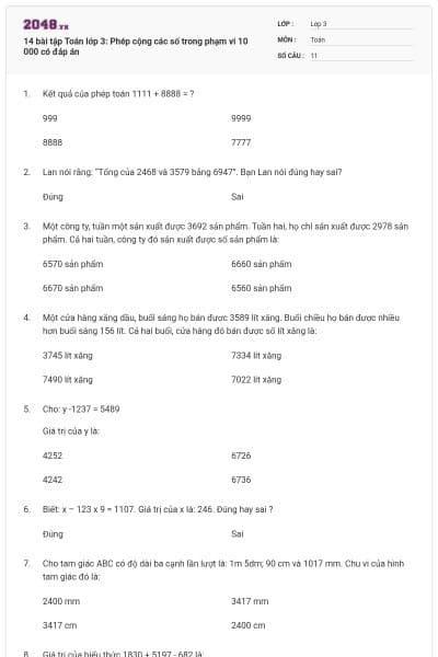 14 bài tập Toán lớp 3: Phép cộng các số trong phạm vi 10 000 có đáp án