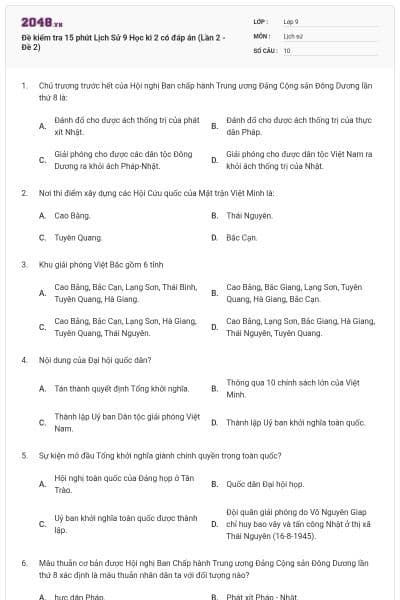 Đề kiểm tra 15 phút Lịch Sử 9 Học kì 2 có đáp án (Lần 2 - Đề 2)