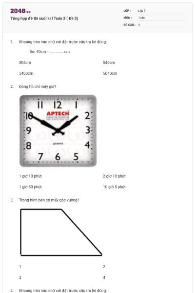 Tổng hợp đề thi cuối kì I Toán 3 ( Đề 3)
