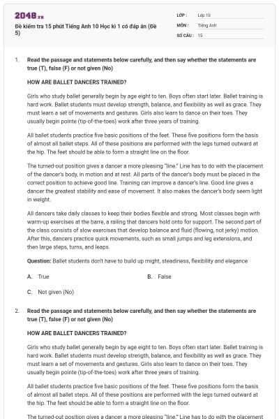 Đề kiểm tra 15 phút Tiếng Anh 10 Học kì 1 có đáp án (Đề 5)