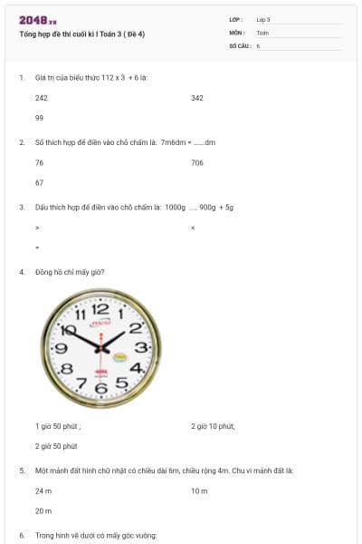 Tổng hợp đề thi cuối kì I Toán 3 ( Đề 4)