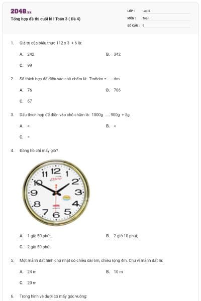 Tổng hợp đề thi cuối kì I Toán 3 ( Đề 4)