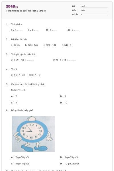 Tổng hợp đề thi cuối kì I Toán 3 ( Đề 5)