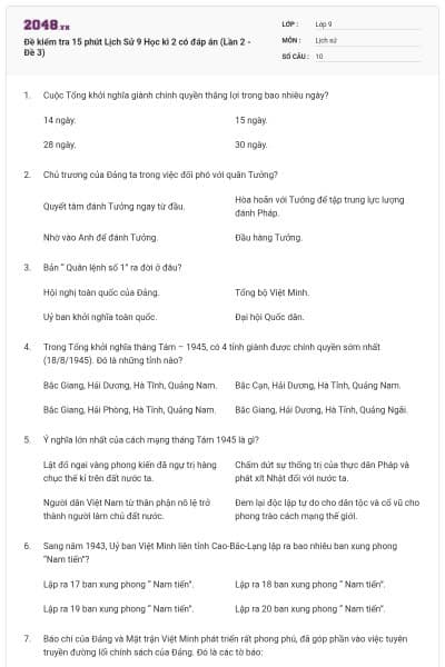 Đề kiểm tra 15 phút Lịch Sử 9 Học kì 2 có đáp án (Lần 2 - Đề 3)