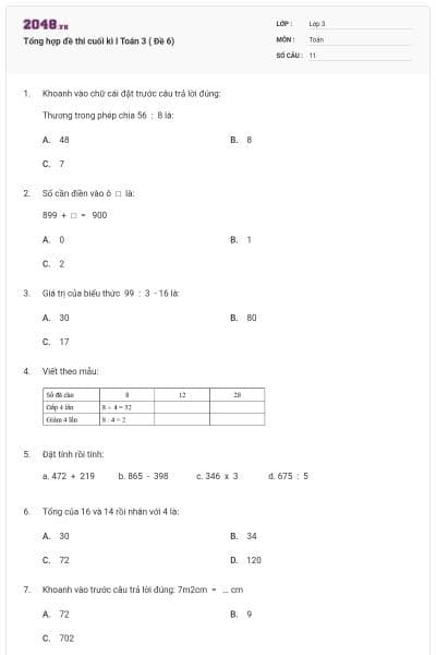 Tổng hợp đề thi cuối kì I Toán 3 ( Đề 6)