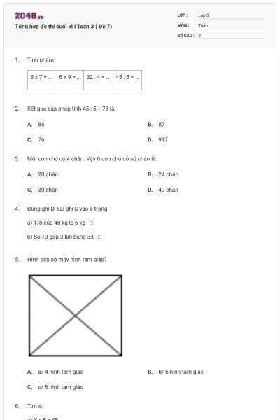 Tổng hợp đề thi cuối kì I Toán 3 ( Đề 7)