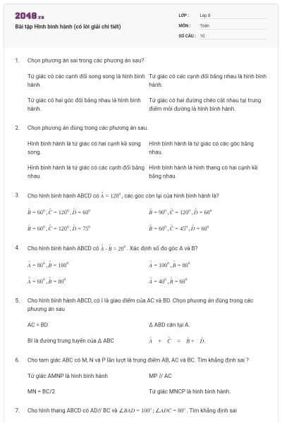 Bài tập Hình bình hành (có lời giải chi tiết)