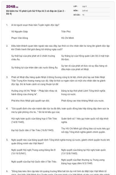 Đề kiểm tra 15 phút Lịch Sử 9 Học kì 2 có đáp án (Lần 2 - Đề 4)