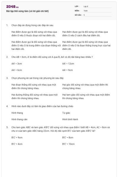 Bài tập Đối xứng tâm (có lời giải chi tiết)