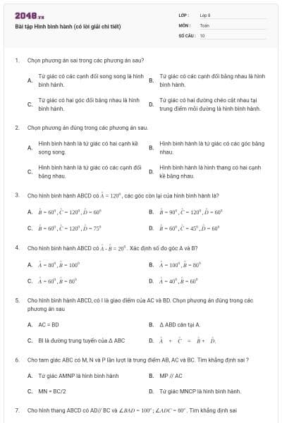 Bài tập Hình bình hành (có lời giải chi tiết)