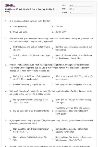Đề kiểm tra 15 phút Lịch Sử 9 Học kì 2 có đáp án (Lần 2 - Đề 4)