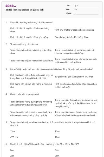 Bài tập Hình chữ nhật (có lời giải chi tiết)