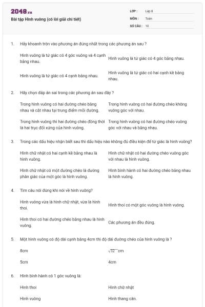 Bài tập Hình vuông (có lời giải chi tiết)