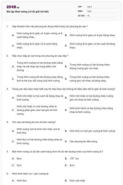 Bài tập Hình vuông (có lời giải chi tiết)