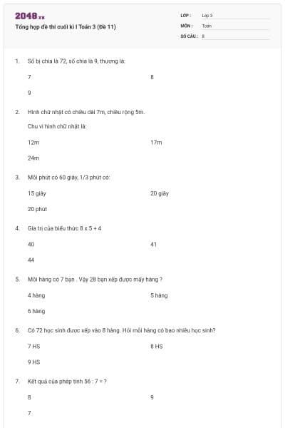Tổng hợp đề thi cuối kì I Toán 3 (Đề 11)