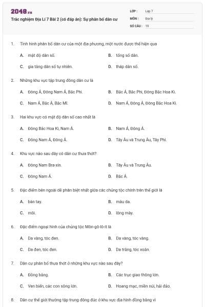 Trắc nghiệm Địa Lí 7 Bài 2 (có đáp án): Sự phân bố dân cư