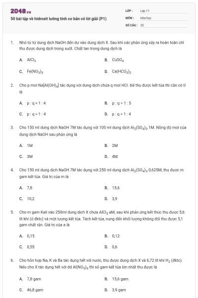 50 bài tập về hidroxit lưỡng tính cơ bản có lời giải (P1)
