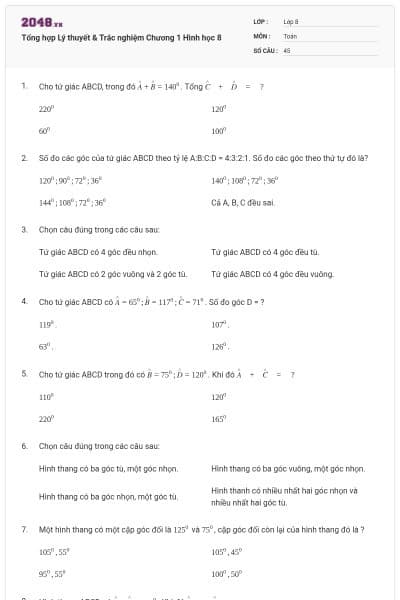 Tổng hợp Lý thuyết & Trắc nghiệm Chương 1 Hình học 8