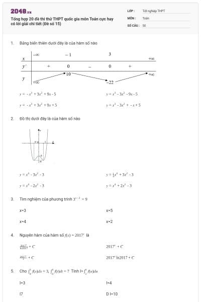 Tổng hợp 20 đề thi thử THPT quốc gia môn Toán cực hay có lời giải chi tiết (Đề số 15)