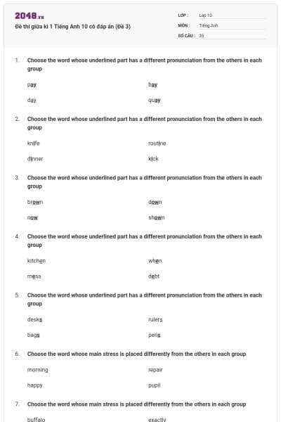 Đề thi giữa kì 1 Tiếng Anh 10 có đáp án (Đề 3)