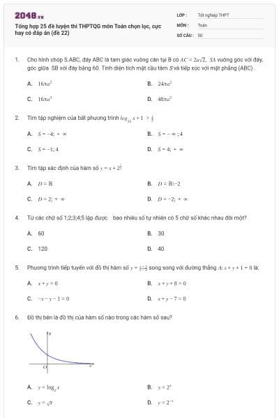 Tổng hợp 25 đề luyện thi THPTQG môn Toán chọn lọc, cực hay có đáp án (đề 22)