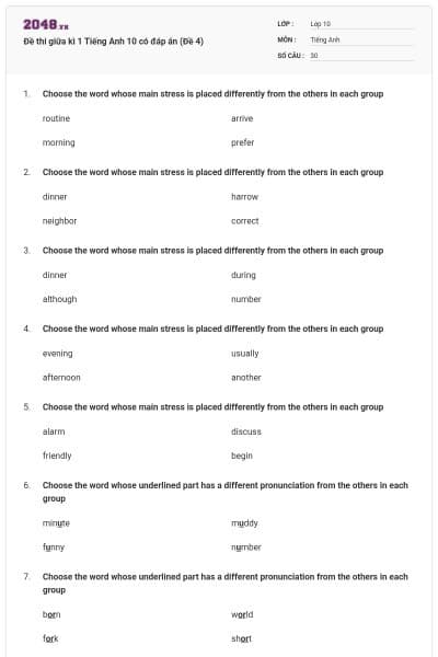 Đề thi giữa kì 1 Tiếng Anh 10 có đáp án (Đề 4)