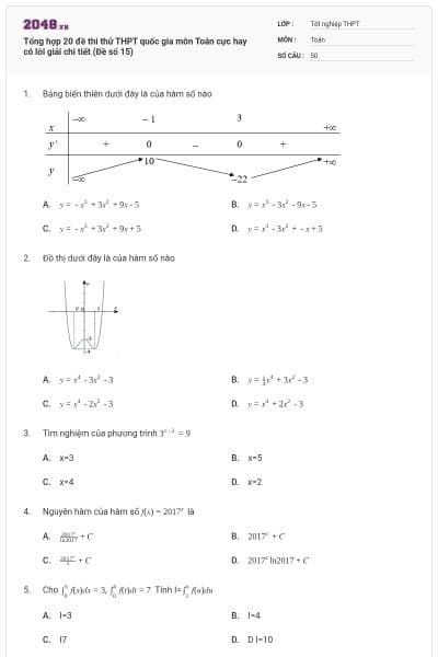 Tổng hợp 20 đề thi thử THPT quốc gia môn Toán cực hay có lời giải chi tiết (Đề số 15)