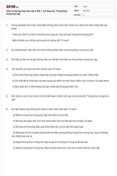 Giải vở bài tập Đạo đức lớp 4 Bài 1 (có đáp án): Trung thực trong học tập