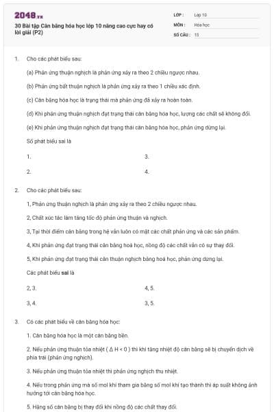30 Bài tập Cân bằng hóa học lớp 10 nâng cao cực hay có lời giải (P2)