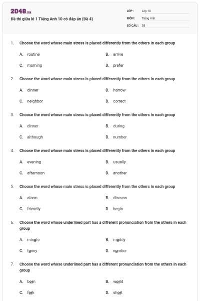 Đề thi giữa kì 1 Tiếng Anh 10 có đáp án (Đề 4)