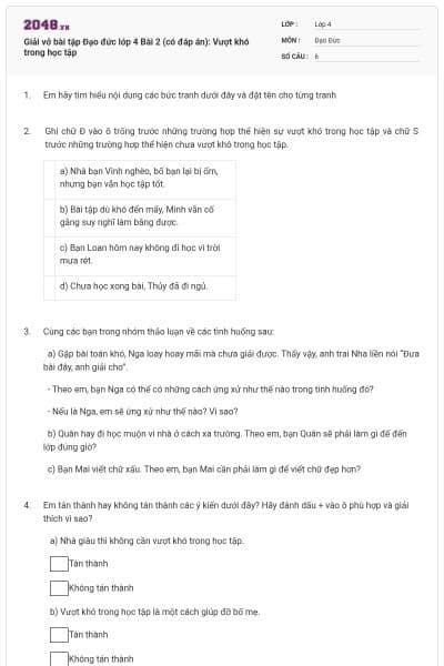 Giải vở bài tập Đạo đức lớp 4 Bài 2 (có đáp án): Vượt khó trong học tập