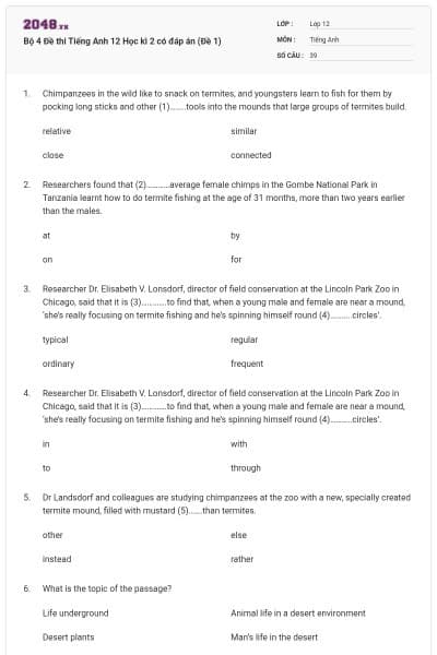 Bộ 4 Đề thi Tiếng Anh 12 Học kì 2 có đáp án (Đề 1)