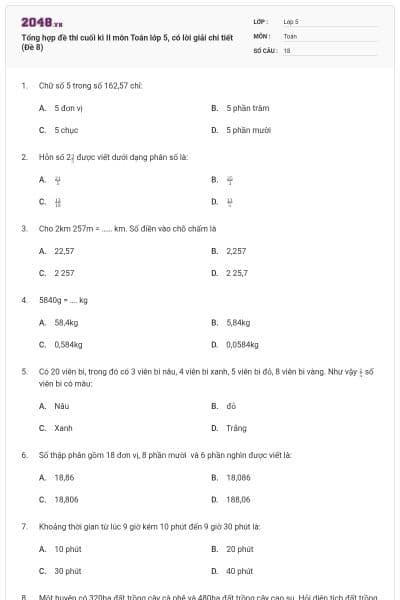 Tổng hợp đề thi cuối kì II môn Toán lớp 5, có lời giải chi tiết (Đề 8)