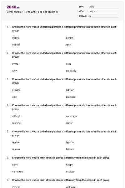 Đề thi giữa kì 1 Tiếng Anh 10 có đáp án (Đề 5)